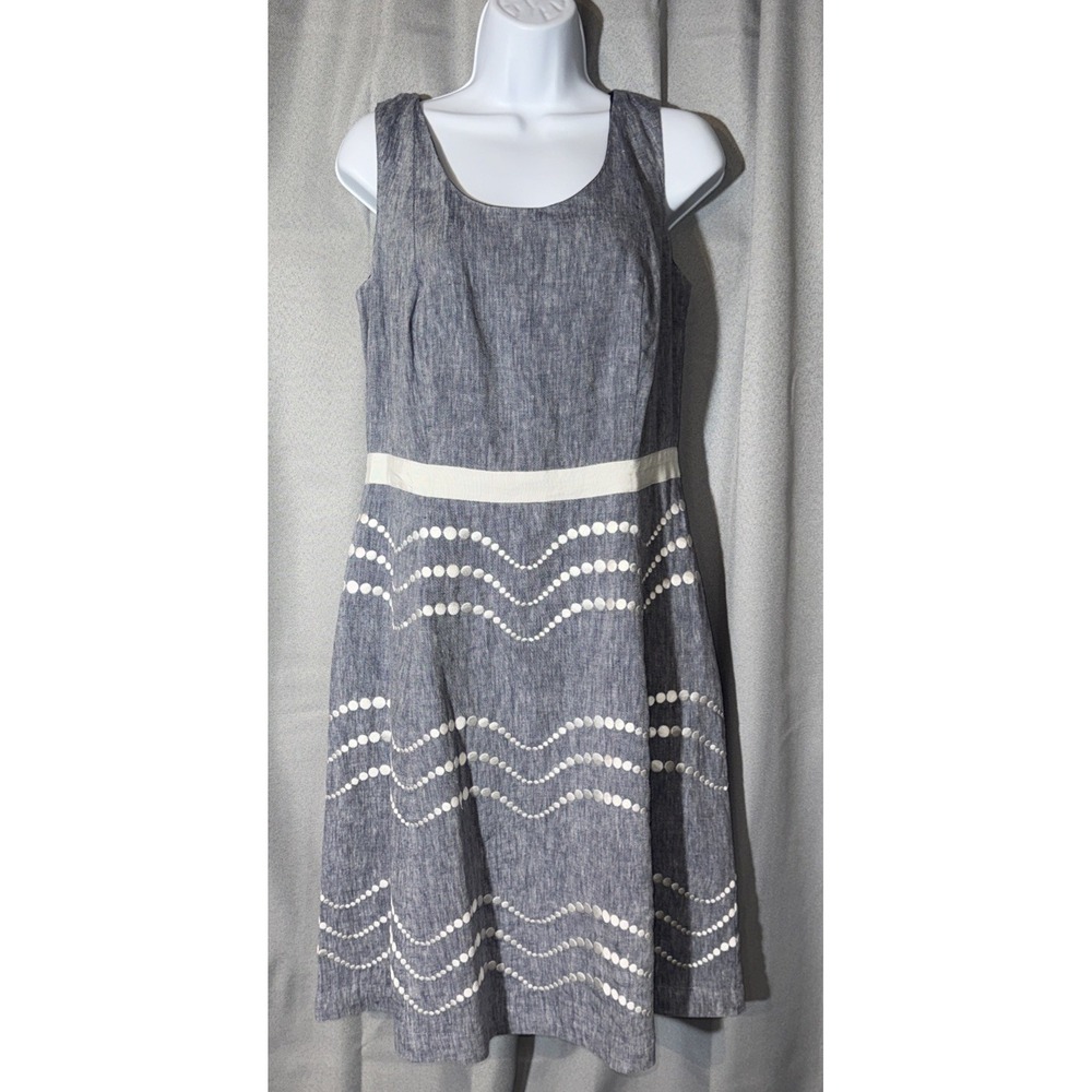 Boden Summer Fun Linen Chambray Dress Blue White Embroidered Wavy Dot US 8L